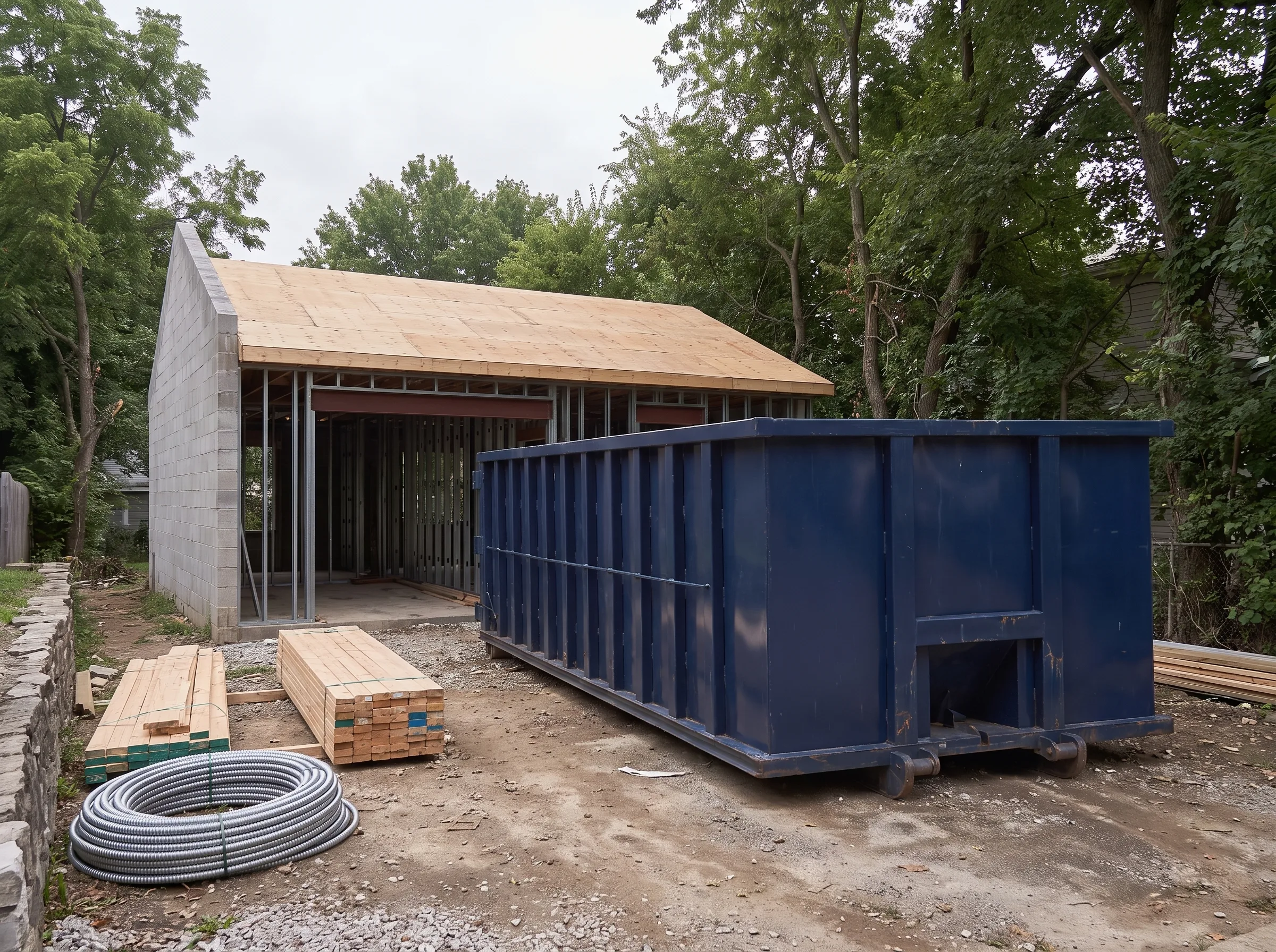Roll-off dumpster being loaded in Dunstable, MA